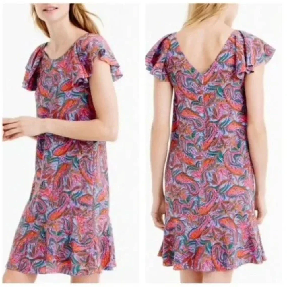 J. Crew 100% Silk Ruffle Flutter Sleeve Dress in Paisley Print, Size 2 🗣